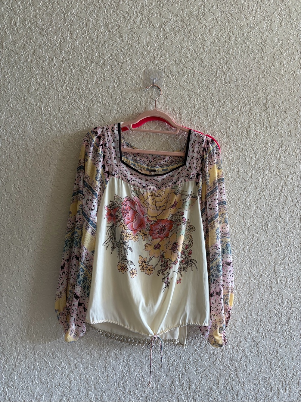 Free People Cream Floral Drawstring Peasant Blouse